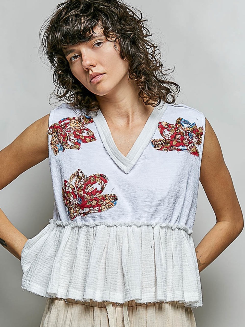 POL Floral Patch Ruffled Sleeveless Top with Raw Edge Detail